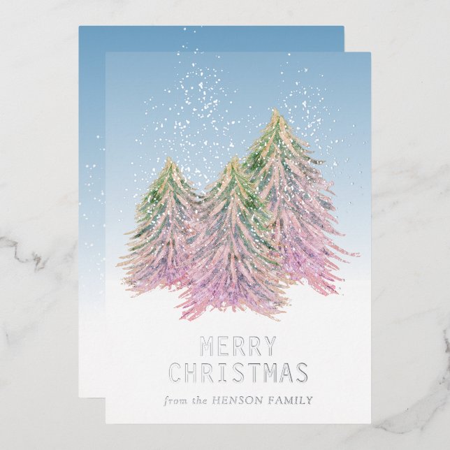 Tarjeta Festiva Con Relieve Metalizado Arte Artístico de Árbol de Navidad Acuarela Rosa V (Anverso/Reverso)