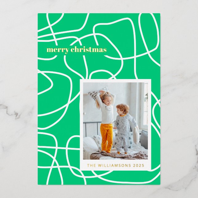 Tarjeta Festiva Con Relieve Metalizado Arte de línea moderna abstracta verde foto persona (Anverso)