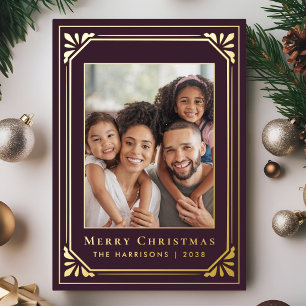 Tarjeta Festiva Con Relieve Metalizado Arte Deco Feliz Navidad Foto Oro