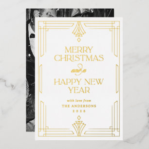 Tarjeta Festiva Con Relieve Metalizado Arte Deco Moderno Clásico Blanco Navidad Oro