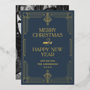 Tarjeta Festiva Con Relieve Metalizado Arte Deco Moderno Navidad Azul Marino Dorado