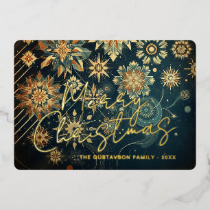 Tarjeta Festiva Con Relieve Metalizado Arte Floral de Copo de Nieve Azul Teal Abstracto C