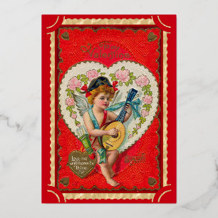 Tarjeta Festiva Con Relieve Metalizado Arte musical vintage de cupido del día de San Vale