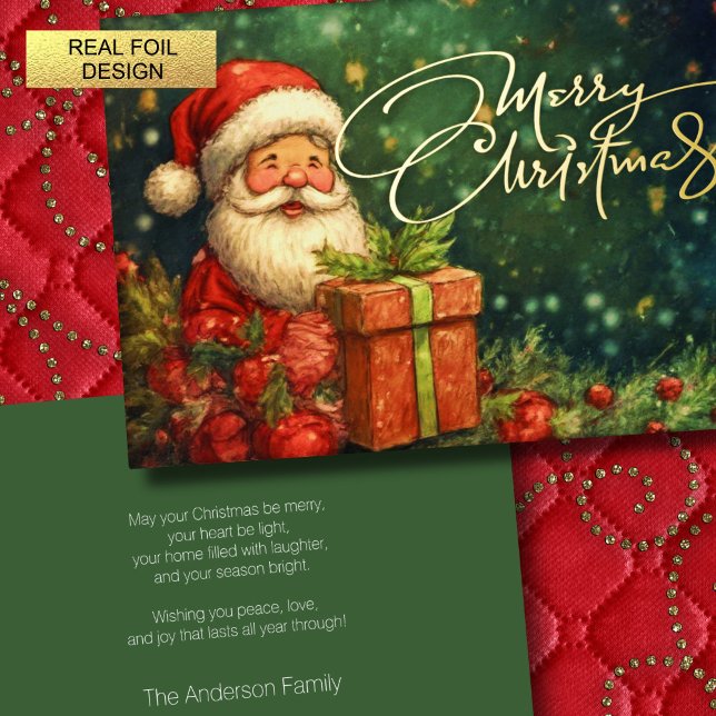Tarjeta Festiva Con Relieve Metalizado Artistas Santa Ilustracion Navidades Rojo Verde (Subido por el creador)