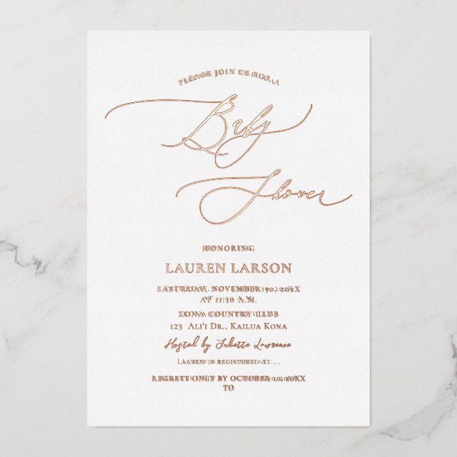 Tarjeta Festiva Con Relieve Metalizado ArtsApp Elegante Rosa Dorado Caligrafía Baby Showe (Anverso)