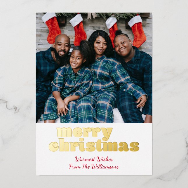 Tarjeta Festiva Con Relieve Metalizado Audaz Feliz Navidad Luxe Foto Jugoso Oro Moderno (Anverso)