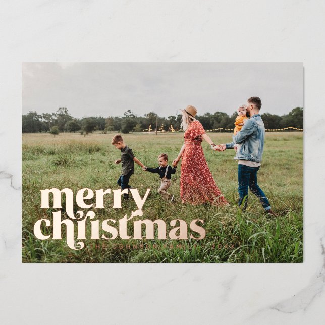 Tarjeta Festiva Con Relieve Metalizado Audaz Feliz Navidad Una Foto Personalizada (Anverso)