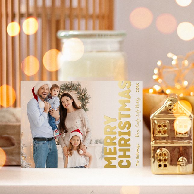 Tarjeta Festiva Con Relieve Metalizado Audaz foto completa moderna Feliz Navidad Gold (Subido por el creador)