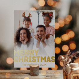 Tarjeta Festiva Con Relieve Metalizado Audaz foto vertical moderna Feliz Navidad Gold