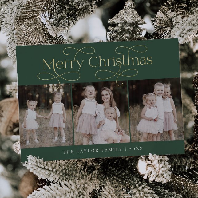 Tarjeta Festiva Con Relieve Metalizado AUDREY Green Relieve metalizado Family Photo Vinta (AUDREY Green Foil Family Photo Vintage Christmas Foil Holiday Card)