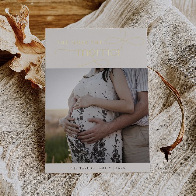 Tarjeta Festiva Con Relieve Metalizado AUDREY Relieve metalizado dorado Navidades Invitac (AUDREY Gold Foil Christmas Pregnancy Announcement)