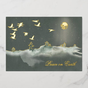 Tarjeta Festiva Con Relieve Metalizado Aves voladoras serenas y elegantes a la luz de la
