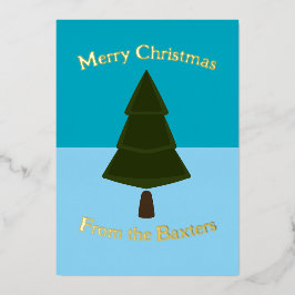 Tarjeta Festiva Con Relieve Metalizado Azul de vacaciones - Árbol de Navidad Minimalista