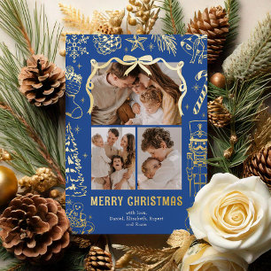 Tarjeta Festiva Con Relieve Metalizado Azul Doodle 3 Foto Navidad Oro