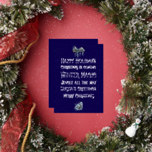 Tarjeta Festiva Con Relieve Metalizado Azul Marina de Navidad con Arte de Palabras en Pla