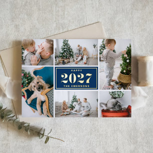 Tarjeta Festiva Con Relieve Metalizado Azul Marino 2027 Retro Seis Collage de Fotos Año N