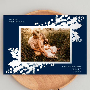 Tarjeta Festiva Con Relieve Metalizado Azul Marino Feliz Navidad Acebo Foto Plata