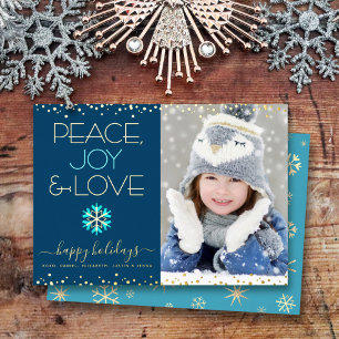 Tarjeta Festiva Con Relieve Metalizado Azul Marino Paz Alegría Amor Foto Copo de Nieve Or