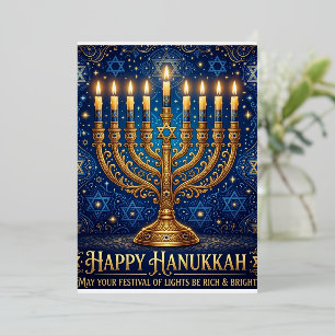Tarjeta Festiva Con Relieve Metalizado Azul Rico y Dorado Hanukkah con Joyas