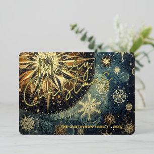 Tarjeta Festiva Con Relieve Metalizado Azul Turquesa Oscuro Abstracto Copo de Nieve Flora