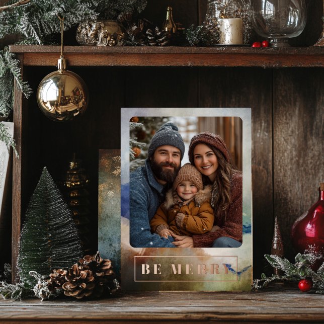 Tarjeta Festiva Con Relieve Metalizado Azul y Terracota Acuarela Rosa Dorado (Be Merry Watercolor and Foil Christmas Card)