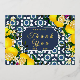 Tarjeta Festiva Con Relieve Metalizado Azulejos Mediterráneos de Limón Azul Marino Blanco