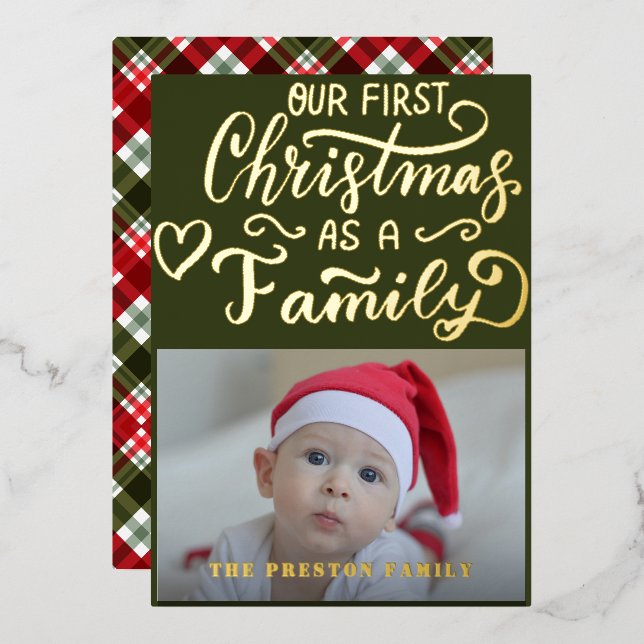 Tarjeta Festiva Con Relieve Metalizado Baby First Christmas Photo Calligraphy Luxury Real (Anverso/Reverso)