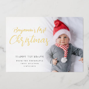 Tarjeta Festiva Con Relieve Metalizado Baby First Christmas Photo Calligraphy Luxury Real