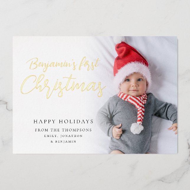 Tarjeta Festiva Con Relieve Metalizado Baby First Christmas Photo Calligraphy Luxury Real (Anverso)