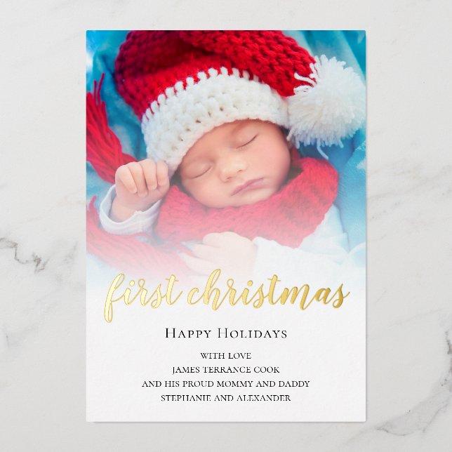 Tarjeta Festiva Con Relieve Metalizado Baby First Christmas Photo Overlay Real (Anverso)