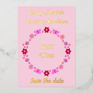Tarjeta Festiva Con Relieve Metalizado Baby Shower de mariposas y flores para bebé rosa