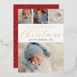 Tarjeta Festiva Con Relieve Metalizado Babys First Christmas Collage de fotos Gold<br><div class="desc">Una tarjeta de vacaciones moderna para celebrar la primera Navidad de tu bebé con familia y amigos. El diseño incluye un collage de fotos de tus fotos favoritas. Personalice el nombre de su bebé en la tipografía de Relieve metalizado de oro. El lado inverso es rojo con un rebasamiento de...</div>