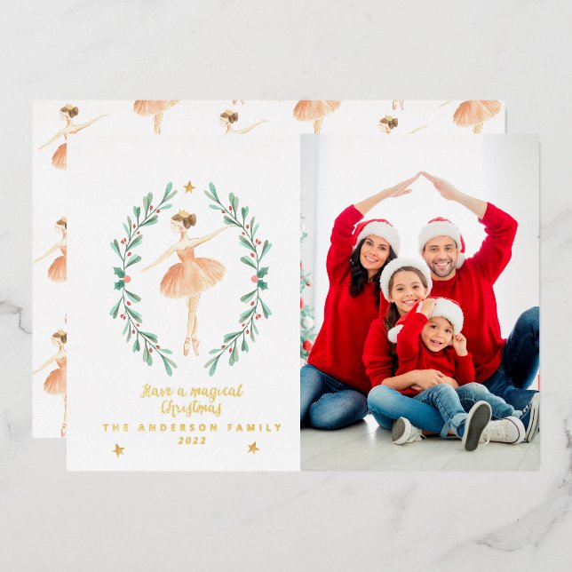 Tarjeta Festiva Con Relieve Metalizado bailarina acuarela botánica 1 foto  (Anverso/Reverso)