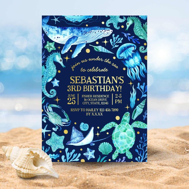 Tarjeta Festiva Con Relieve Metalizado Bajo el mar Acuarela Ballena Hipótropo de mar (Ocean Sea Animal Boy's Birthday Invitation Dark)