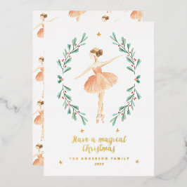 Tarjeta Festiva Con Relieve Metalizado ballerina acuarela botánica lindo