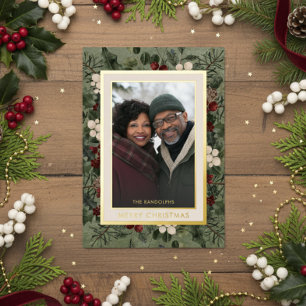 Tarjeta Festiva Con Relieve Metalizado Bayas de Invierno Verde Feliz Navidad Foto