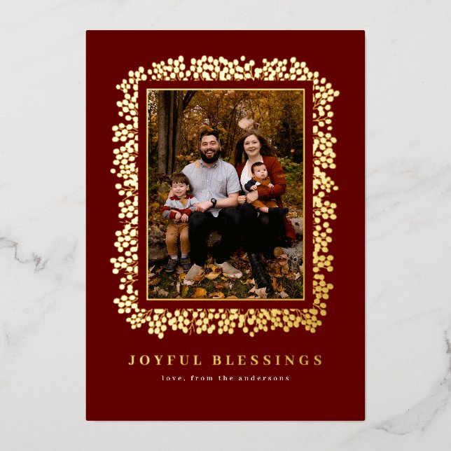 TARJETA FESTIVA CON RELIEVE METALIZADO BAYAS EN MARCO DE FOTOTARJETA (Anverso)