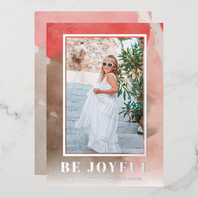Tarjeta Festiva Con Relieve Metalizado Be Joyful Navidades Rosa de foto Silver (Anverso/Reverso)