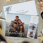 Tarjeta Festiva Con Relieve Metalizado Beach Christmas Script 3 Photo Collage Gold<br><div class="desc">Add your family photos,  name,  and year date to this unique beach inspired holiday card,  with elegant script overlay “Seas ‘n Greetings” printed with real gold foil.</div>