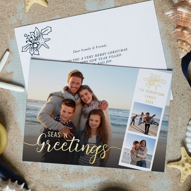 Tarjeta Festiva Con Relieve Metalizado Beach Christmas Script 3 Photo Collage Gold (Subido por el creador)