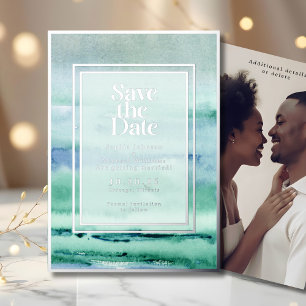 Tarjeta Festiva Con Relieve Metalizado Beach Watercolor Save the Date Photo Blues Coastal