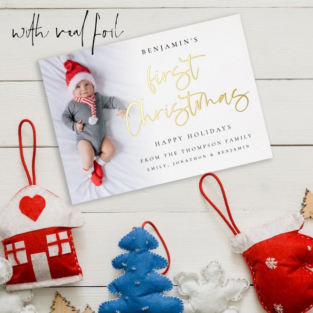 Tarjeta Festiva Con Relieve Metalizado Bebé Primer guión de Navidad Foto superpuesta (With Luxury real foil printing for First Christmas)