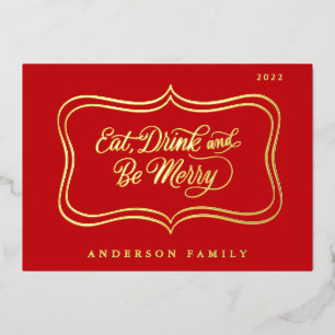 Tarjeta Festiva Con Relieve Metalizado Bebe y sé feliz marco dorado clásico de Navidad