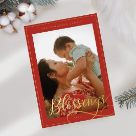 Tarjeta Festiva Con Relieve Metalizado Bendición Elegante Script Caligraphy Family Photo