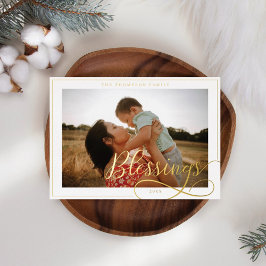 Tarjeta Festiva Con Relieve Metalizado Bendición Elegante Script Caligraphy Family Photo