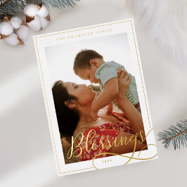 Tarjeta Festiva Con Relieve Metalizado Bendición Elegante Script Caligraphy Family Photo