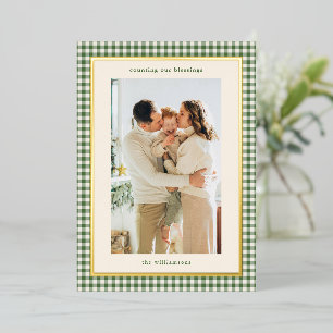 Tarjeta Festiva Con Relieve Metalizado Bendiciones de Navidad en Cuadros de Gingham Verde