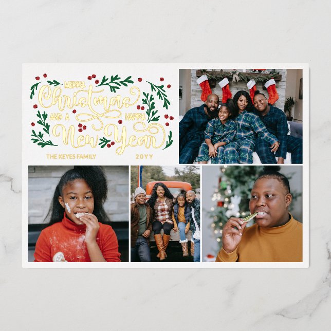 Tarjeta Festiva Con Relieve Metalizado Berries 4 fotos Feliz Navidad Año Nuevo (Anverso)