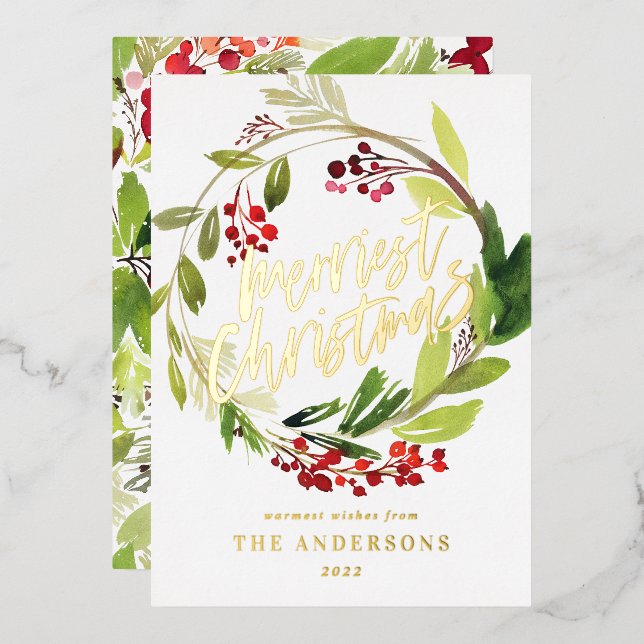 Tarjeta Festiva Con Relieve Metalizado Berries acuarelas y vacaciones de invierno en la v (Anverso/Reverso)