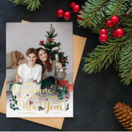 Tarjeta Festiva Con Relieve Metalizado Berries Photo Merry Navidad Feliz Año Nuevo